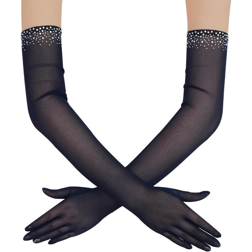 Women's Sexy Pearl Beaded Navy Blue Long Gloves Tulle Mesh Wedding Party Prom
